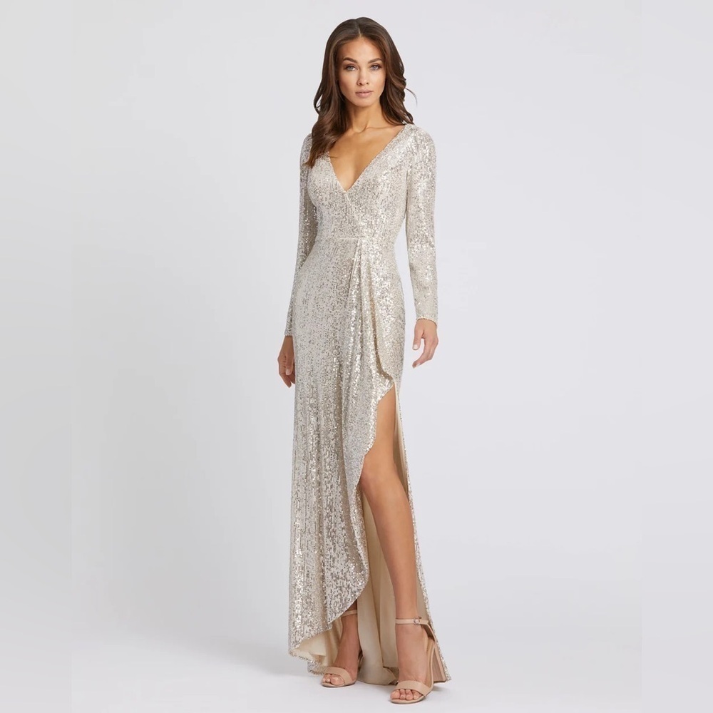 Mac Duggal 26395 NWT Sequined Faux Wrap Long Sleeve Gown